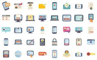 People registering online using laptop computer, tablet and smartphone icons set vector