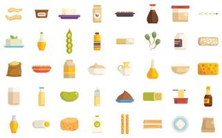 Soy products showing various types and forms of food made with soybeans vector