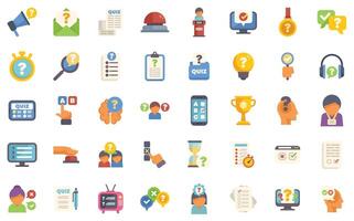 People taking online quiz, answering questions, solving problem icon set vector