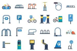This set of icons presents various methods and equipment for parking and securing bicycles vector