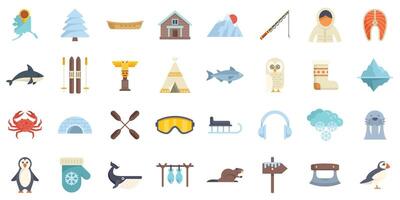 Alaska icons showing salmon, whale, and iceberg in flat style vector
