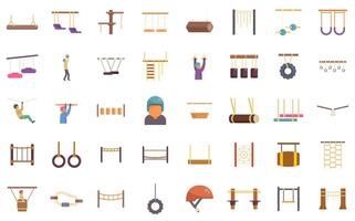 This is a set of flat vector illustrations of people hanging and climbing in a rope park
