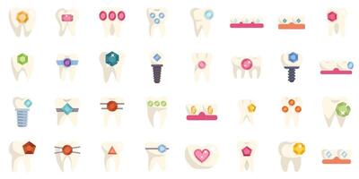 Set of tooth jewelry icons showing different ways of teeth decoration with precious stones and crystals using modern stomatology technologies vector