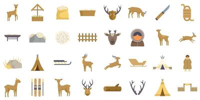 Reindeer herd grazing and resting with shepherd and wooden sled in snowy landscape icon set vector