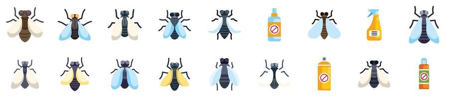 Housefly insects icons set showing different types of flies with insecticides vector