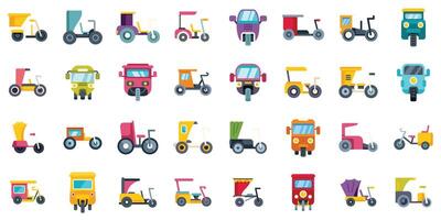 Big set of tuk tuk icons showing different types of auto rickshaws from around the world vector