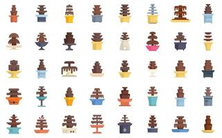 Chocolate fountain flowing on cascading tiers icons set vector