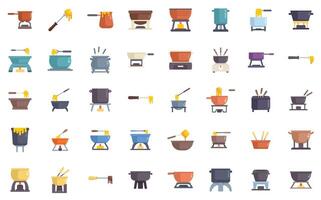 Fondue icons showing melted cheese or chocolate being dipped using long forks vector