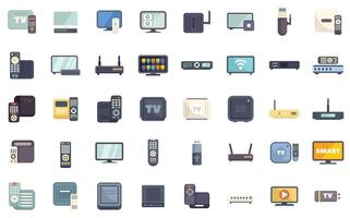 Television set top box receiver and remote control icons set vector