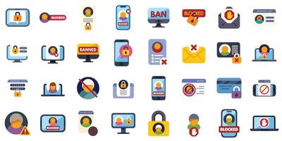 This set of icons shows different ways a user account can be blocked, banned or restricted vector