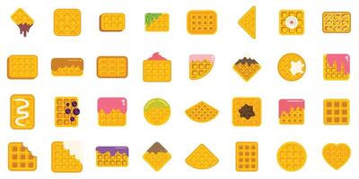 Set of delicious belgian waffles with various toppings showing different shapes and flavours vector