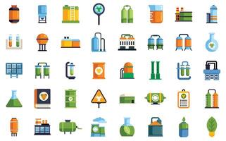Biofuel production process using renewable energy sources and eco friendly technologies icon set vector