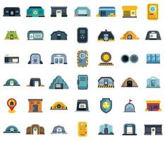 Big set of bunker icons showing different kinds of shelters for protection and safety vector