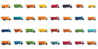 Large set of tipper trucks icons showing different colors and states vector