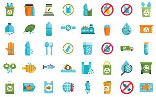 Microplastic pollution icons showing tiny particles entering food chain and impacting environment vector