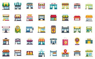 Collection of colorful store front icons representing local businesses and services vector