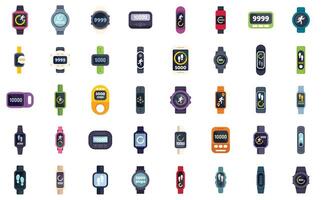 Different types of fitness wristbands are showing steps and distance in a set of icons vector