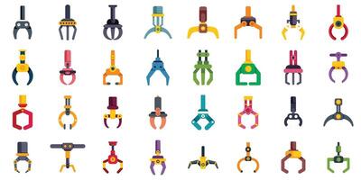 Set of colorful robotic arms with different grabbing mechanisms for industrial use vector