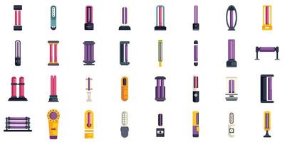 Ultraviolet germicidal lamps for virus and bacteria disinfection icons set vector