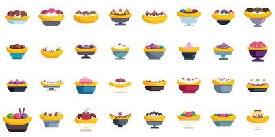 Banana split dessert icons showing different toppings and flavors of ice cream vector