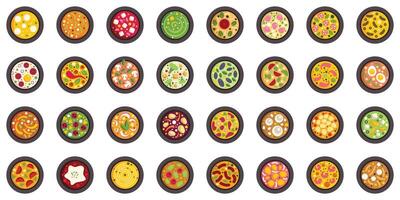 Big set of different pizzas with various ingredients on the black round plates being cooked in oven, top view, flat style vector illustration