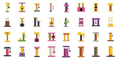 Set of different cat scratching posts with hanging ball toys for playing and grooming claws in flat style design vector