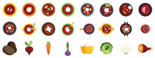 Large set of borscht icons showing different variations and ingredients vector
