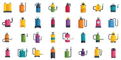Set of colorful icons depicting spray bottles, fire extinguishers, oxygen tanks, and pesticide sprayers vector