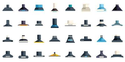 Set of cooker hoods for kitchen extractor fan in flat style showing different designs and models for catalogs and websites vector