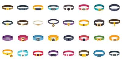 Large set of colorful pet collars for dogs and cats showing different materials and features vector