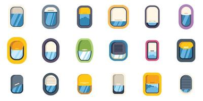 Set of colorful airplane porthole windows showing different scenes and states vector