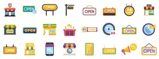 Open sign icon set showing shop availability and business hours vector