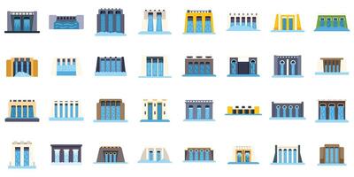 Set of hydroelectric power station icons showing water flowing through dams for generating renewable energy vector