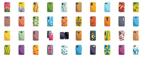 Set of smartphone cases with different colorful patterns, protecting and customizing mobile phones vector
