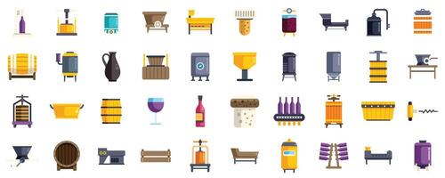 Wine production process showing equipment for grape processing and winemaking in flat design style vector