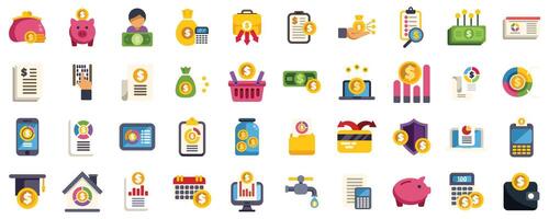 This flat icon set includes financial planning, budgeting, investment, online banking, and financial analytics concepts vector