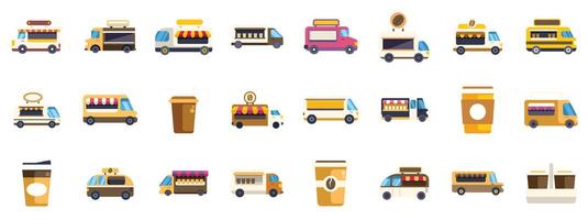 Icon set of various coffee trucks and takeaway coffee cups in a flat design style vector