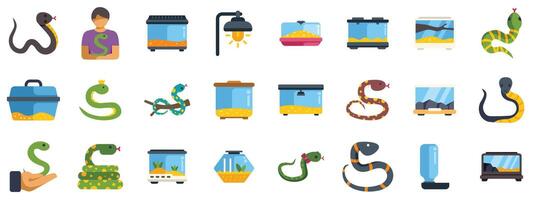 Man holding snake with terrarium and accessories for reptile breeding icons set vector