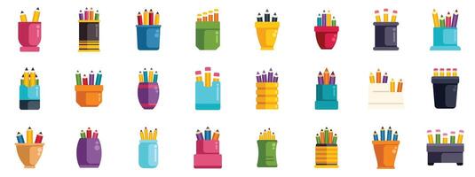 Set of colorful pencils in different holders for drawing and sketching on white background vector