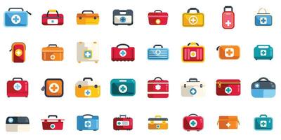 Large set of first aid kits icons showing different types and styles for medical treatment vector