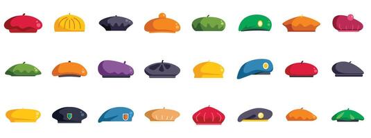 Large set of colorful beret hats showing variety of styles and colors vector