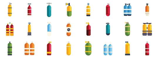 Large set of scuba diving and oxygen tanks providing air underwater for recreation or professional use vector
