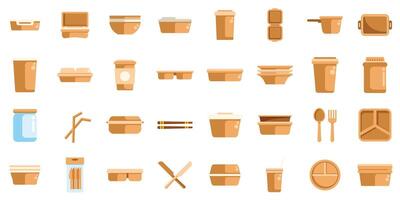 Set of food container icons showing bowls, trays, cups, jars, cutlery and chopsticks vector