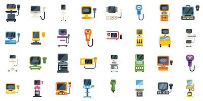 Ultrasound diagnostic machines, used for sonography in hospitals and clinics, are depicted in this set of icons vector