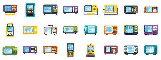 Collection of oscilloscopes measuring electrical signals in various colors and designs vector