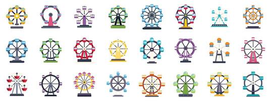 Ferris wheel icons set showing different types of observation wheels for amusement parks and theme parks vector