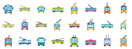 Set of trolleybus icons showing public transportation with different colored buses vector