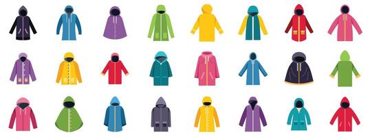 Collection of colorful raincoats protecting from rain and cold weather vector