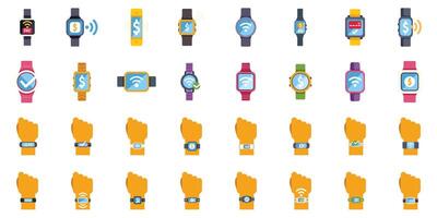 Large set of smart watches showing different functions and being worn on wrists vector