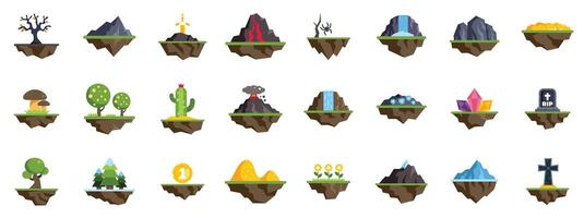 Collection of different flying islands with trees, rocks, volcanoes and other nature elements for fantasy game design vector